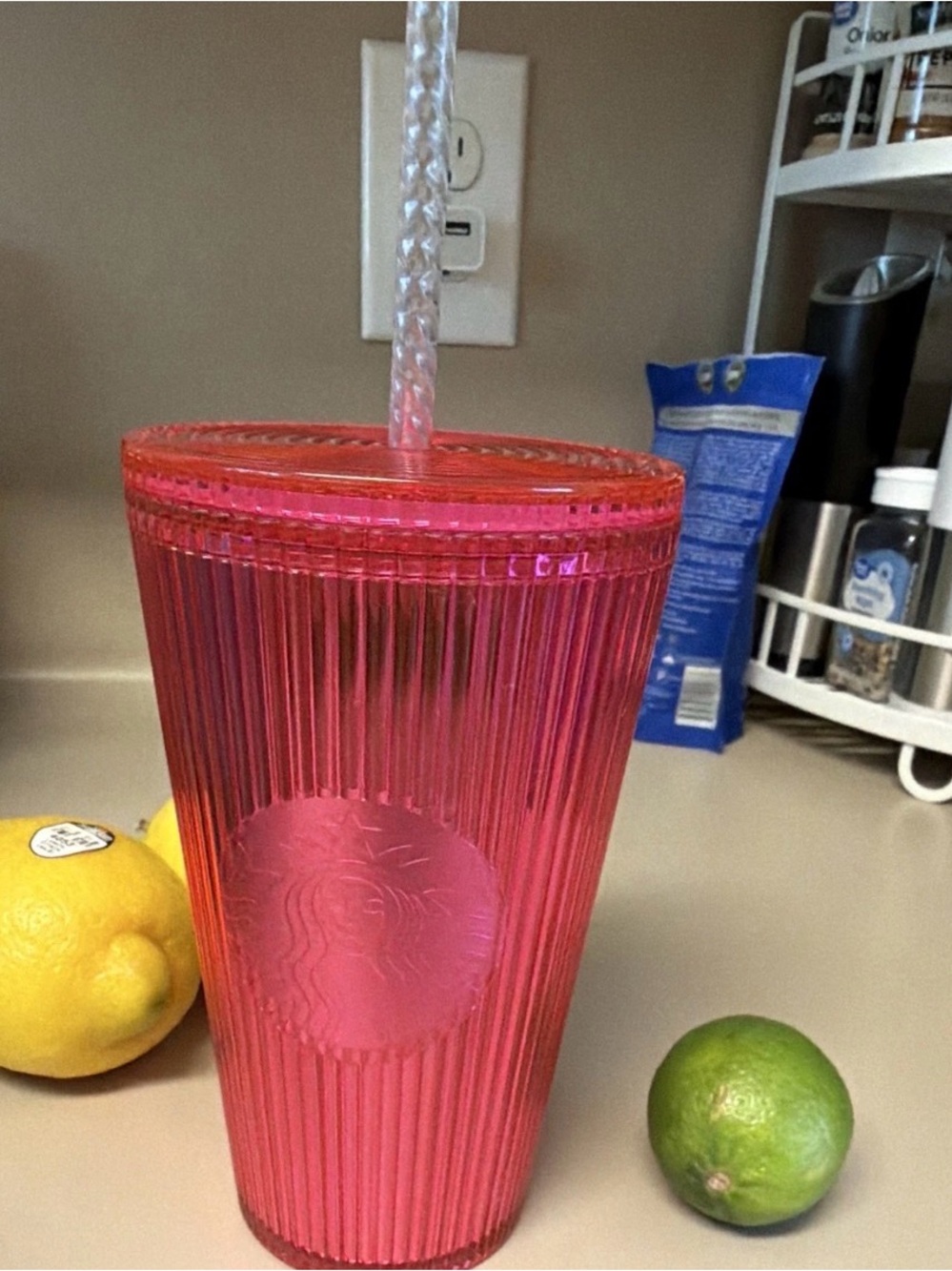 Starbucks Pink Ribbed Tumbler with Clear Straw